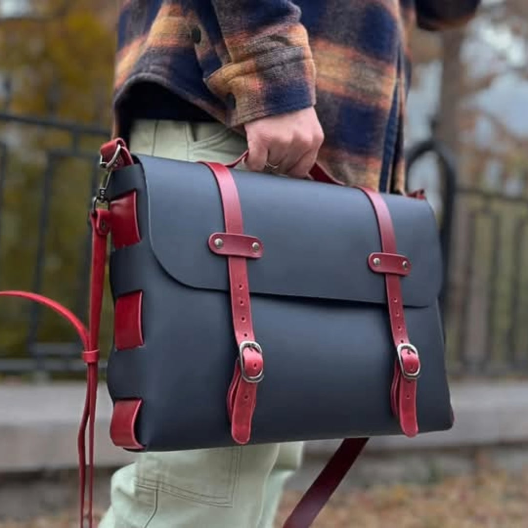 Modern Leather Satchel with Red Accents