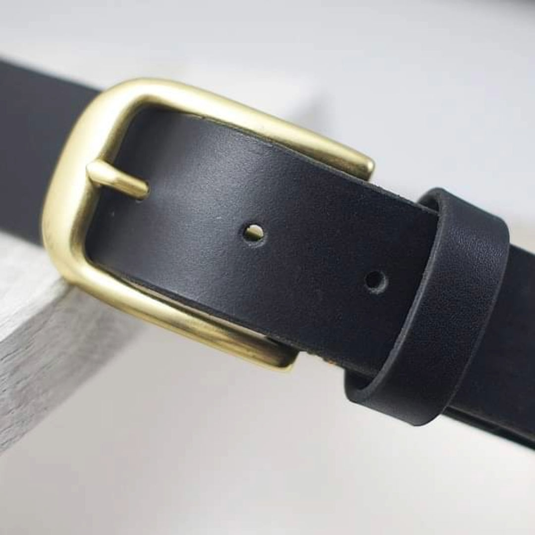 Sleek Black Leather Belt with Gold-Tone Buckle