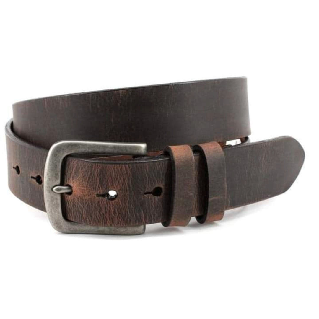 Rugged Dark Brown Leather Belt with Rustic Buckle