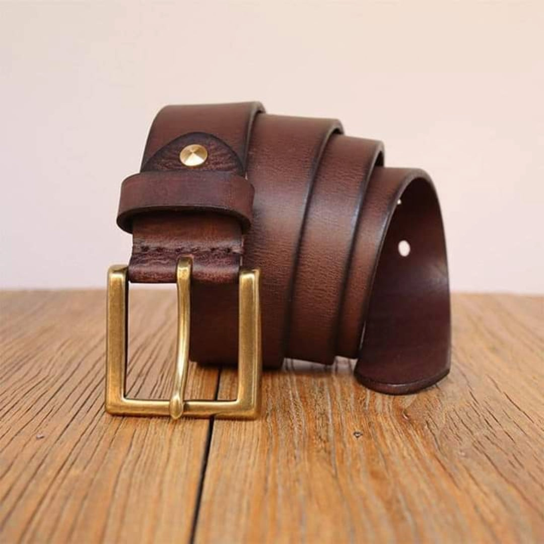 Classic Brown Leather Belt with Brass Buckle